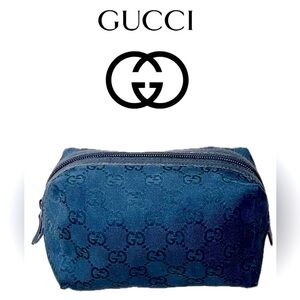 GUCCI Cosmetic Pouch GG Black Canvas Leather Vintage, Medium Size